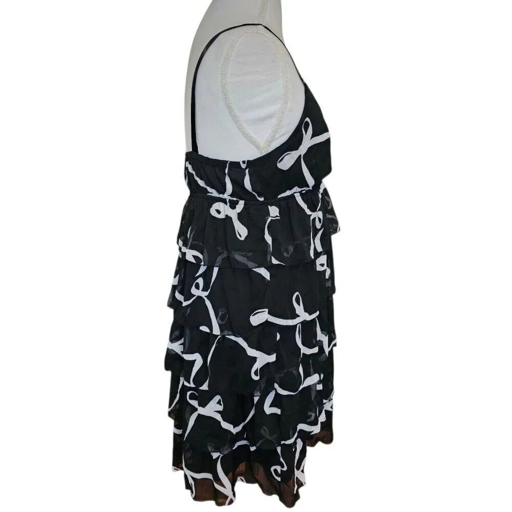 Y2K Womens Babydoll Dress‎ Black Bow Print Tiered Ruffles Sz M L Retro Coquette